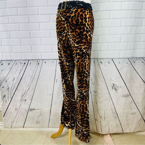 10/25🦋 Leopard Print Fuzzy Flare Costume Pants w/Black Sequin Waistband - Medium - Picture 3 of 15
